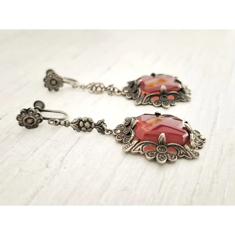 Vintage Victorian Art Deco Sterling Silver Carnelian Marcasite Dangle Earrings